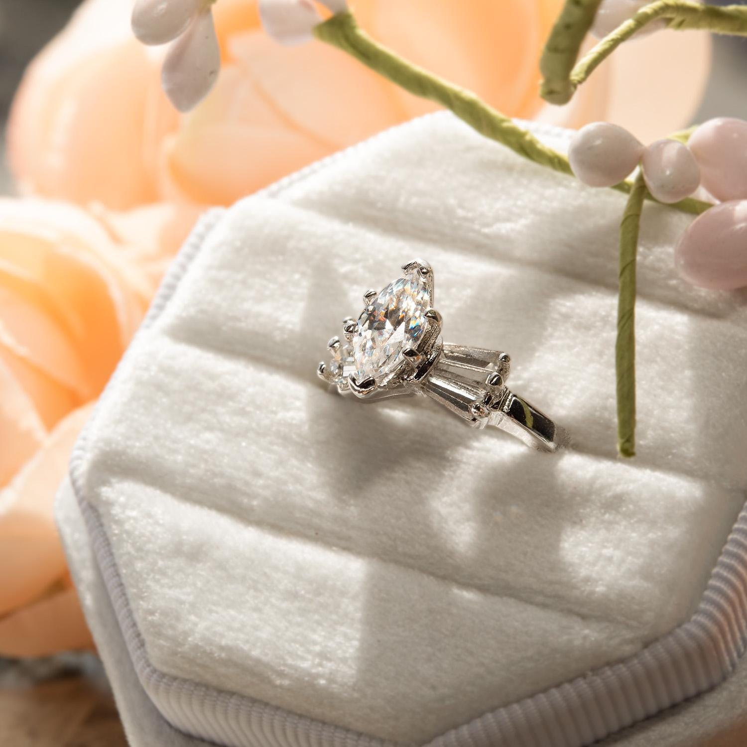 Vintage 1980s 18k White Gold Plated Marquise Cubic Zirconia Engagement Style Ring – Made in USA jewelry image 1