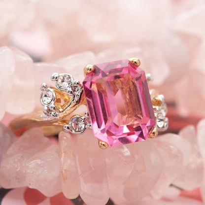 Vintage 1980s Austrian Crystal Pink Tourmaline Color Emerald Cut Ring – 18k Gold Electroplated jewelry image 1