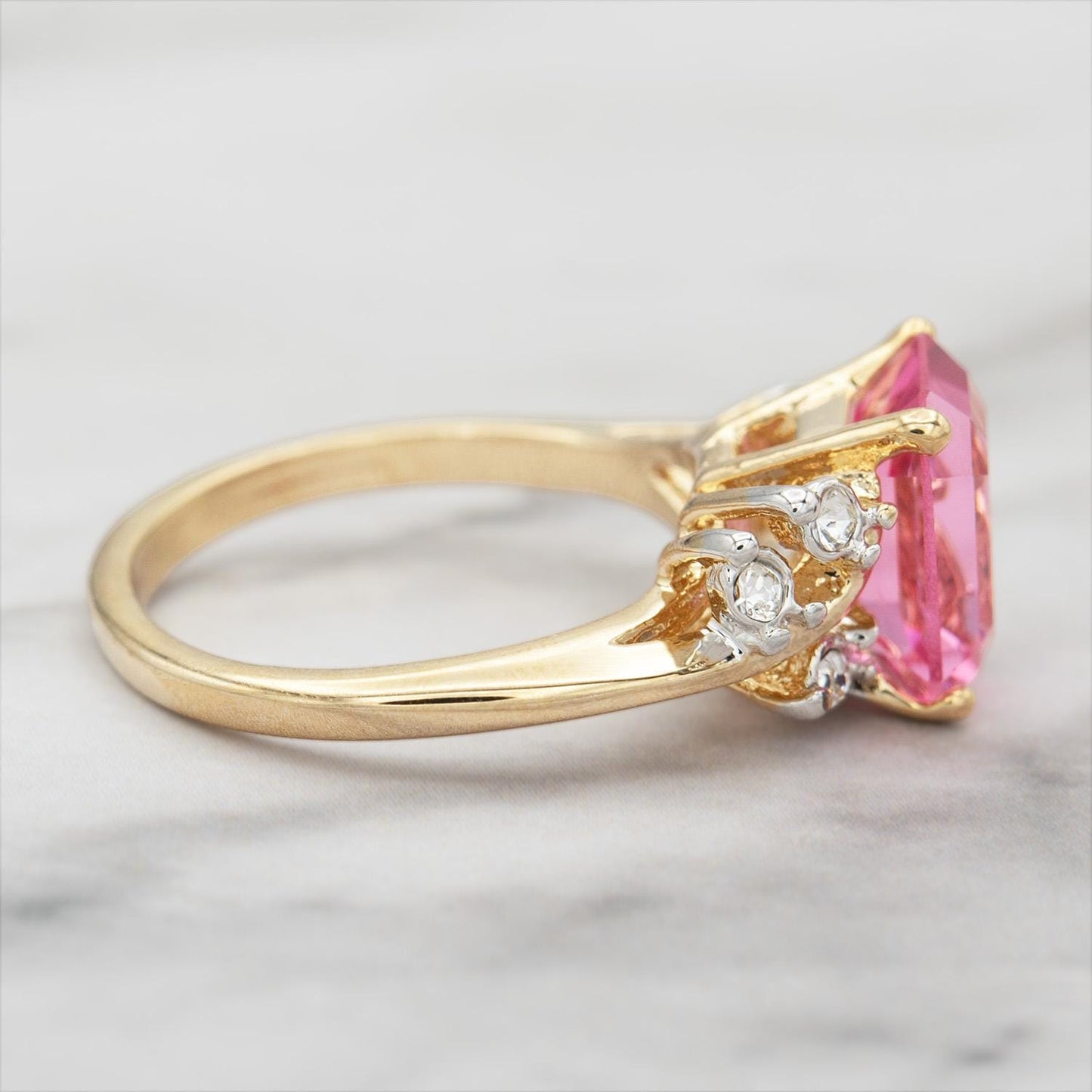 Vintage 1980s Austrian Crystal Pink Tourmaline Color Emerald Cut Ring – 18k Gold Electroplated jewelry image 1