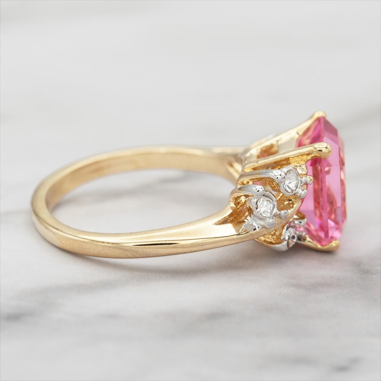 Vintage 1980s Austrian Crystal Pink Tourmaline Color Emerald Cut Ring – 18k Gold Electroplated jewelry image 1