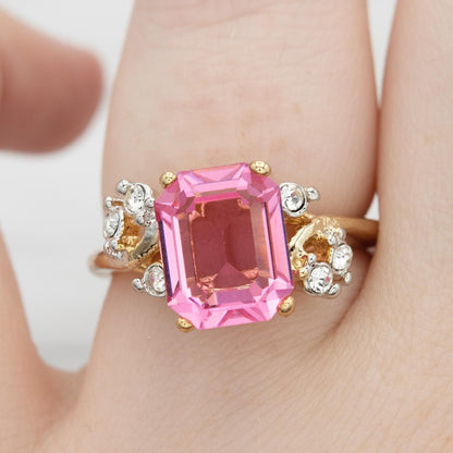 Vintage 1980s Austrian Crystal Pink Tourmaline Color Emerald Cut Ring – 18k Gold Electroplated jewelry image 1