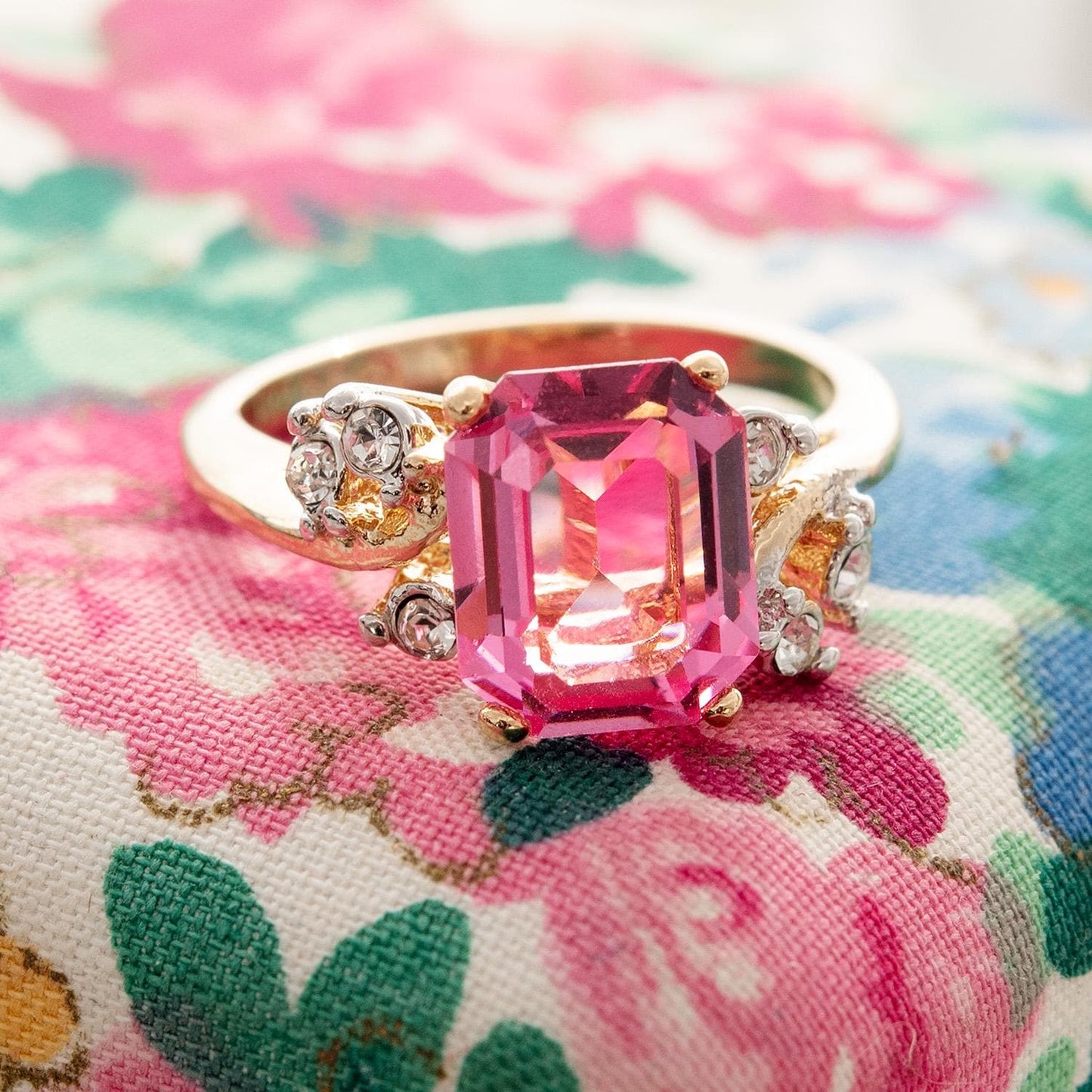 Vintage 1980s Austrian Crystal Pink Tourmaline Color Emerald Cut Ring – 18k Gold Electroplated jewelry image 1