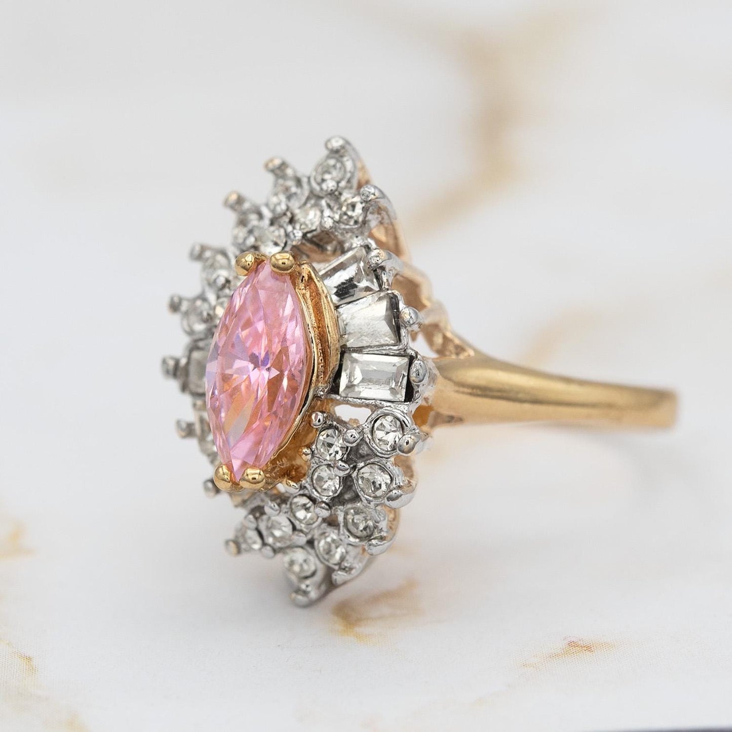 Vintage 1970s Austrian Crystal Pink Tourmaline Cocktail Ring - 18k White Gold Electroplated, Made in USA jewelry image 1