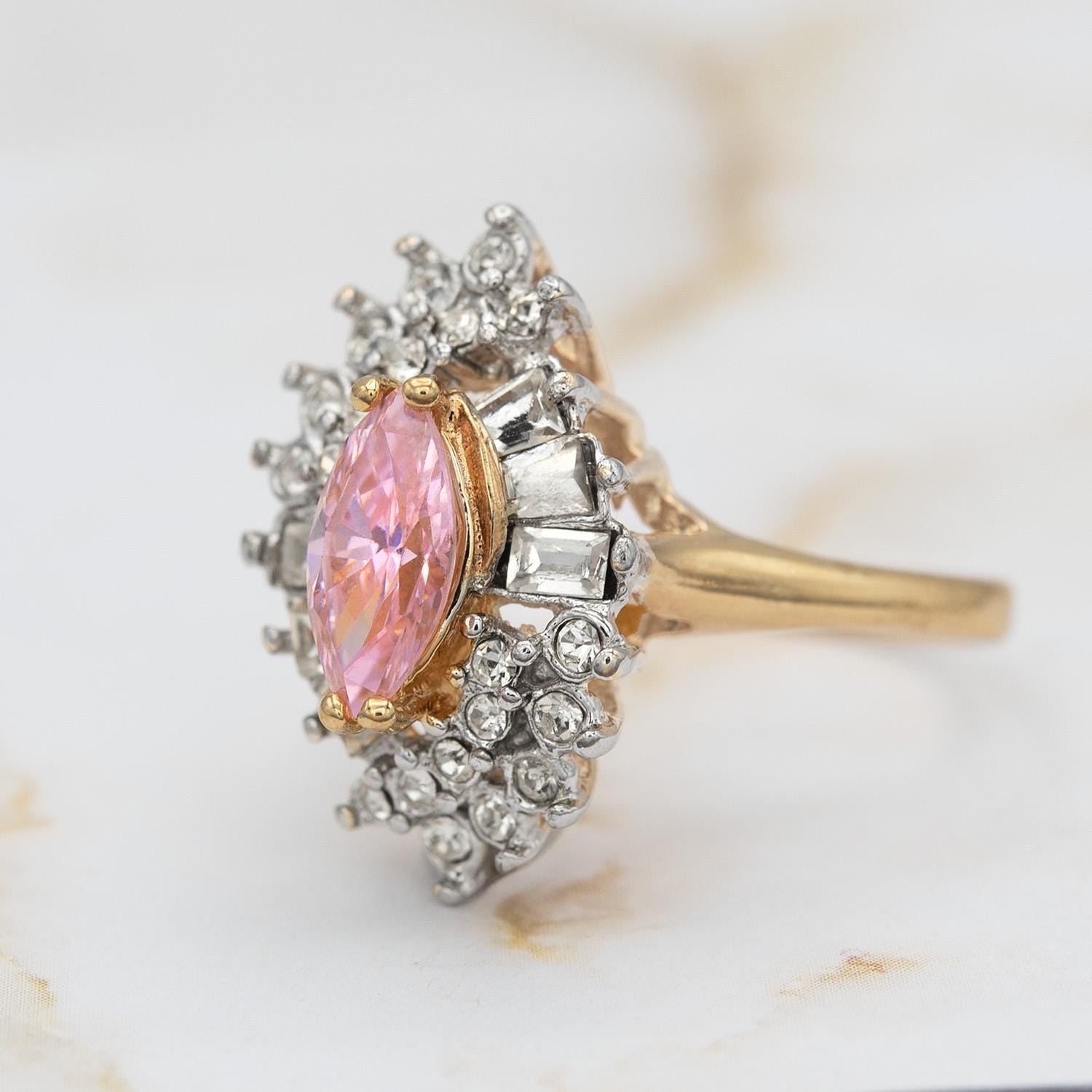 Vintage 1970s Austrian Crystal Pink Tourmaline Cocktail Ring - 18k White Gold Electroplated, Made in USA jewelry image 1
