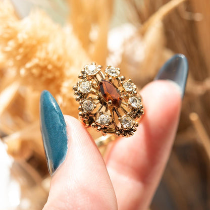 Vintage Brown Topaz and Clear Austrian Crystal Cocktail Ring - 18kt Antiqued Gold Electroplated jewelry image 1