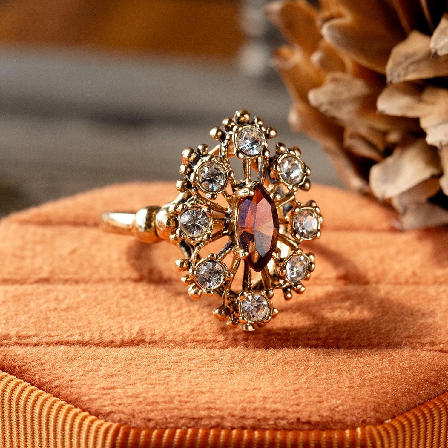 Vintage Brown Topaz and Clear Austrian Crystal Cocktail Ring - 18kt Antiqued Gold Electroplated jewelry image 1