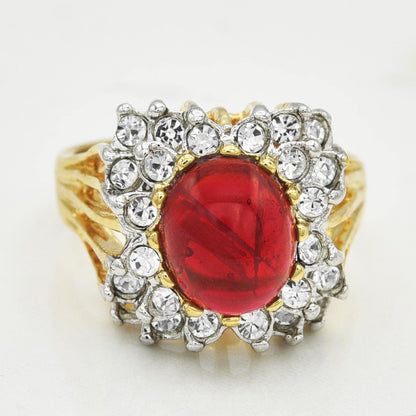 Vintage Ruby Crystal Cabochon Cocktail Ring with Clear Austrian Crystals – 18kt Yellow Gold Electroplate jewelry image 1