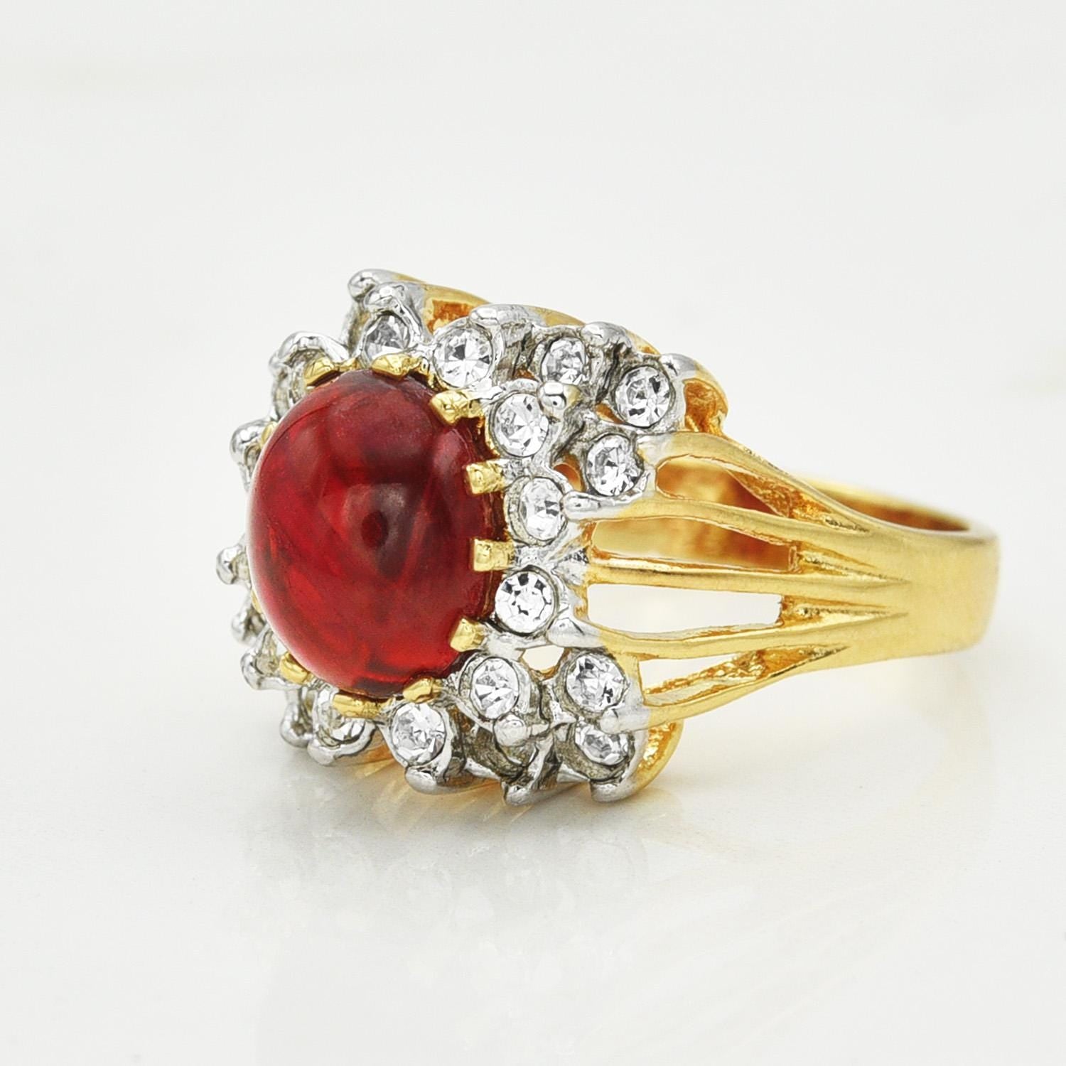 Vintage Ruby Crystal Cabochon Cocktail Ring with Clear Austrian Crystals – 18kt Yellow Gold Electroplate jewelry image 1