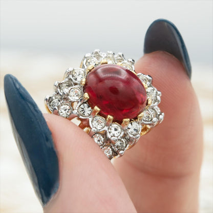 Vintage Ruby Crystal Cabochon Cocktail Ring with Clear Austrian Crystals – 18kt Yellow Gold Electroplate jewelry image 1
