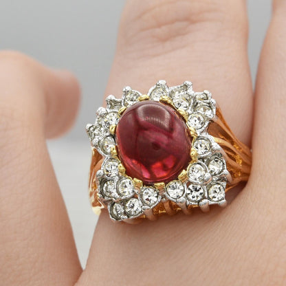 Vintage Ruby Crystal Cabochon Cocktail Ring with Clear Austrian Crystals – 18kt Yellow Gold Electroplate jewelry image 1