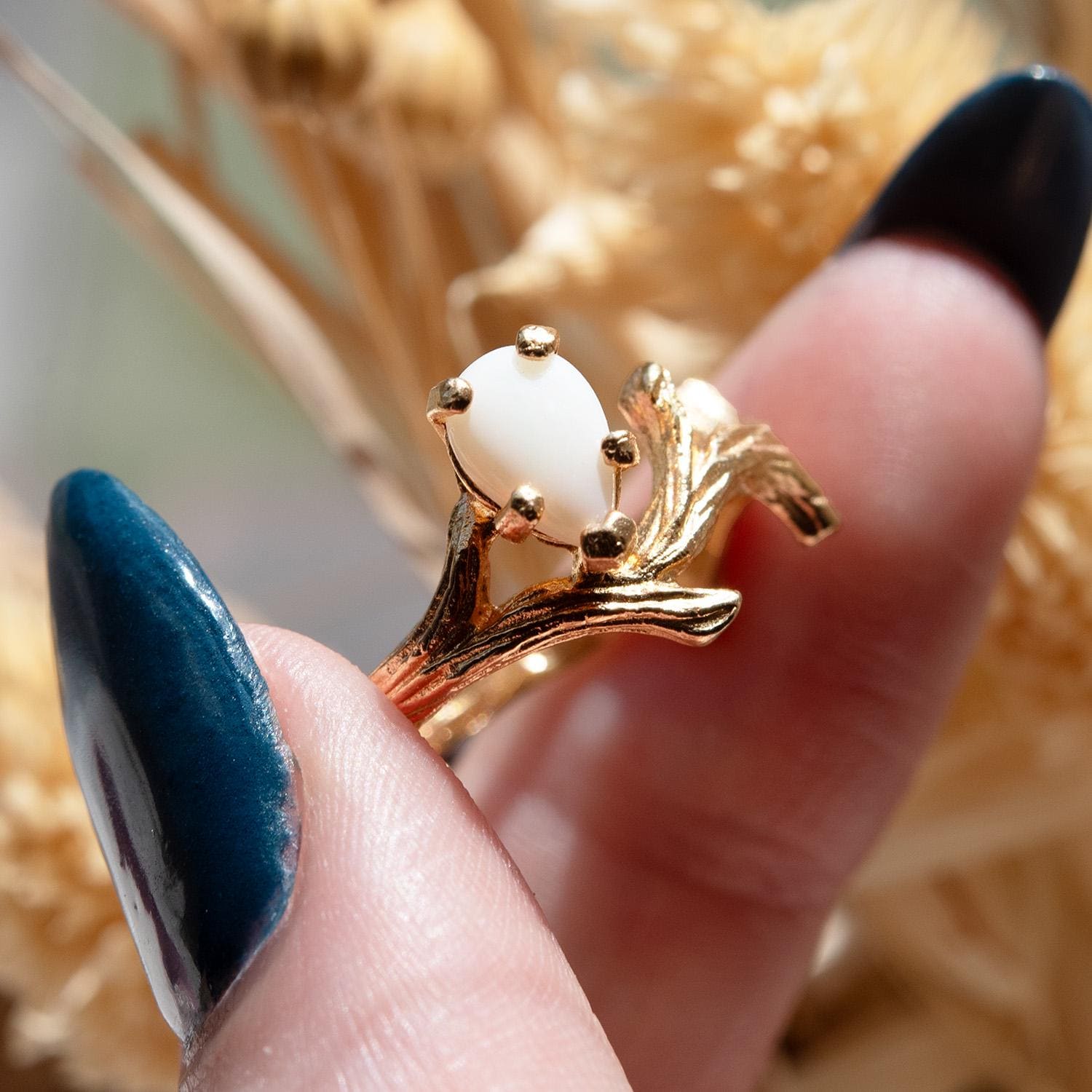 Vintage Genuine Opal 18k Yellow Gold Electroplated Twig Style Ring - Made in USA jewelry image 1