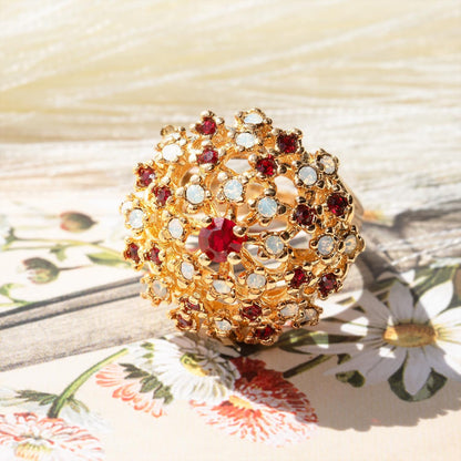 Vintage Ruby Austrian Crystal and Pinfire Opal Burst Cocktail Ring – 18kt Yellow Gold Electroplated jewelry image 1