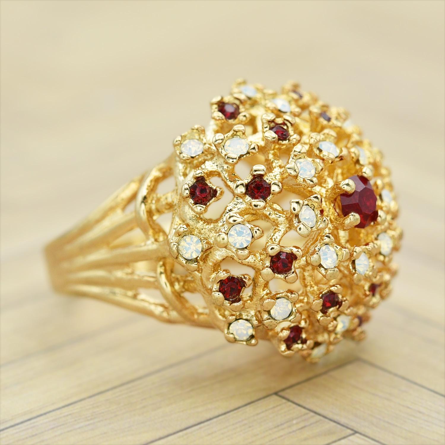 Vintage Ruby Austrian Crystal and Pinfire Opal Burst Cocktail Ring – 18kt Yellow Gold Electroplated jewelry image 1