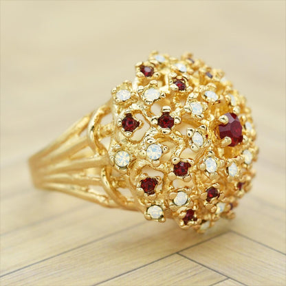 Vintage Ruby Austrian Crystal and Pinfire Opal Burst Cocktail Ring – 18kt Yellow Gold Electroplated jewelry image 1
