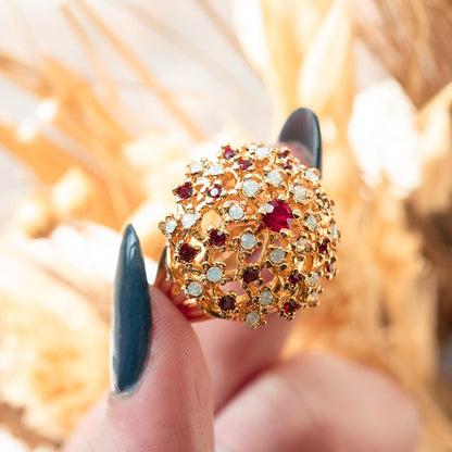 Vintage Ruby Austrian Crystal and Pinfire Opal Burst Cocktail Ring – 18kt Yellow Gold Electroplated jewelry image 1