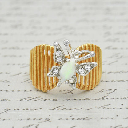 Vintage 1980s Butterfly Ring with Pinfire Opal and Clear Austrian Crystals – 18kt Yellow Gold Electroplated jewelry image 1