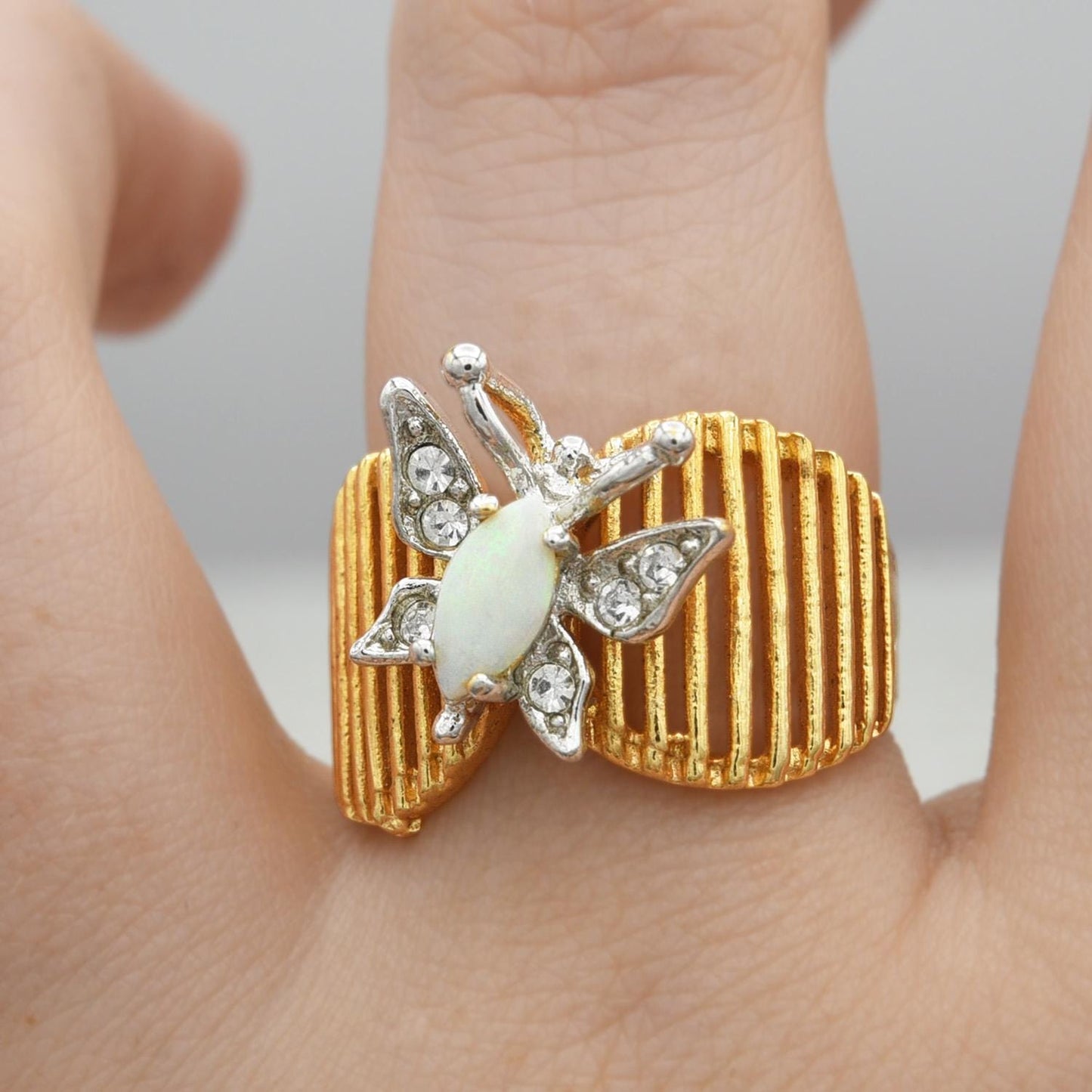 Vintage 1980s Butterfly Ring with Pinfire Opal and Clear Austrian Crystals – 18kt Yellow Gold Electroplated jewelry image 1