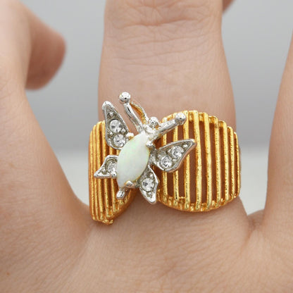 Vintage 1980s Butterfly Ring with Pinfire Opal and Clear Austrian Crystals – 18kt Yellow Gold Electroplated jewelry image 1
