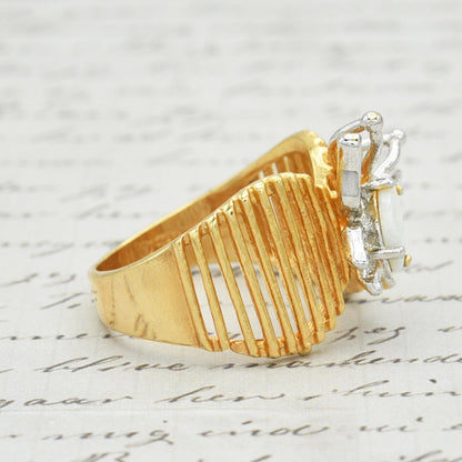 Vintage 1980s Butterfly Ring with Pinfire Opal and Clear Austrian Crystals – 18kt Yellow Gold Electroplated jewelry image 1