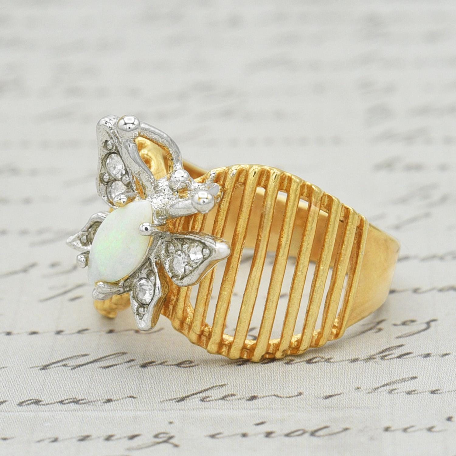 Vintage 1980s Butterfly Ring with Pinfire Opal and Clear Austrian Crystals – 18kt Yellow Gold Electroplated jewelry image 1