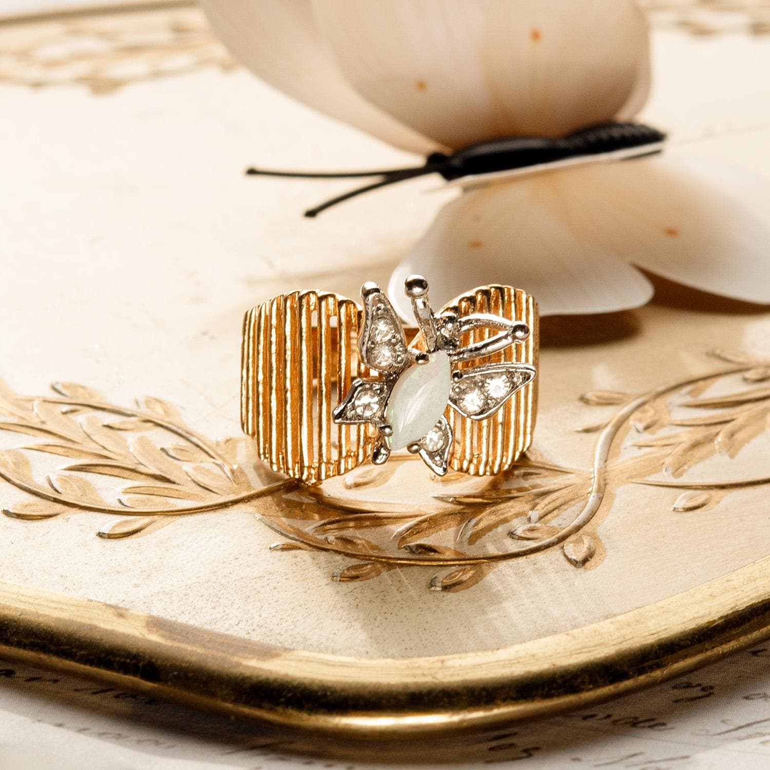 Vintage 1980s Butterfly Ring with Pinfire Opal and Clear Austrian Crystals – 18kt Yellow Gold Electroplated jewelry image 1