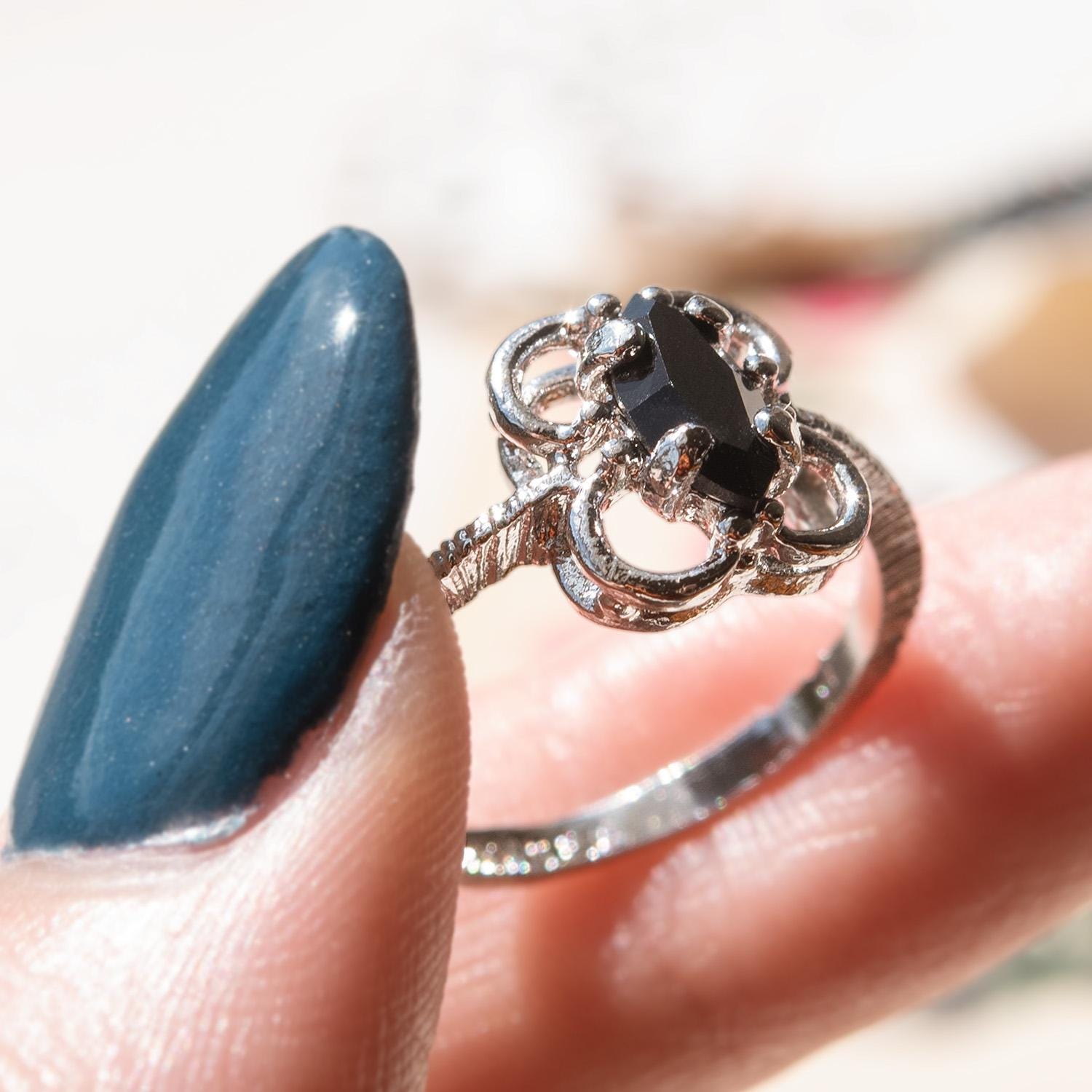 Vintage Marquise Cut Jet Black Austrian Crystal Cocktail Ring in 18k White Gold Electroplate jewelry image 1