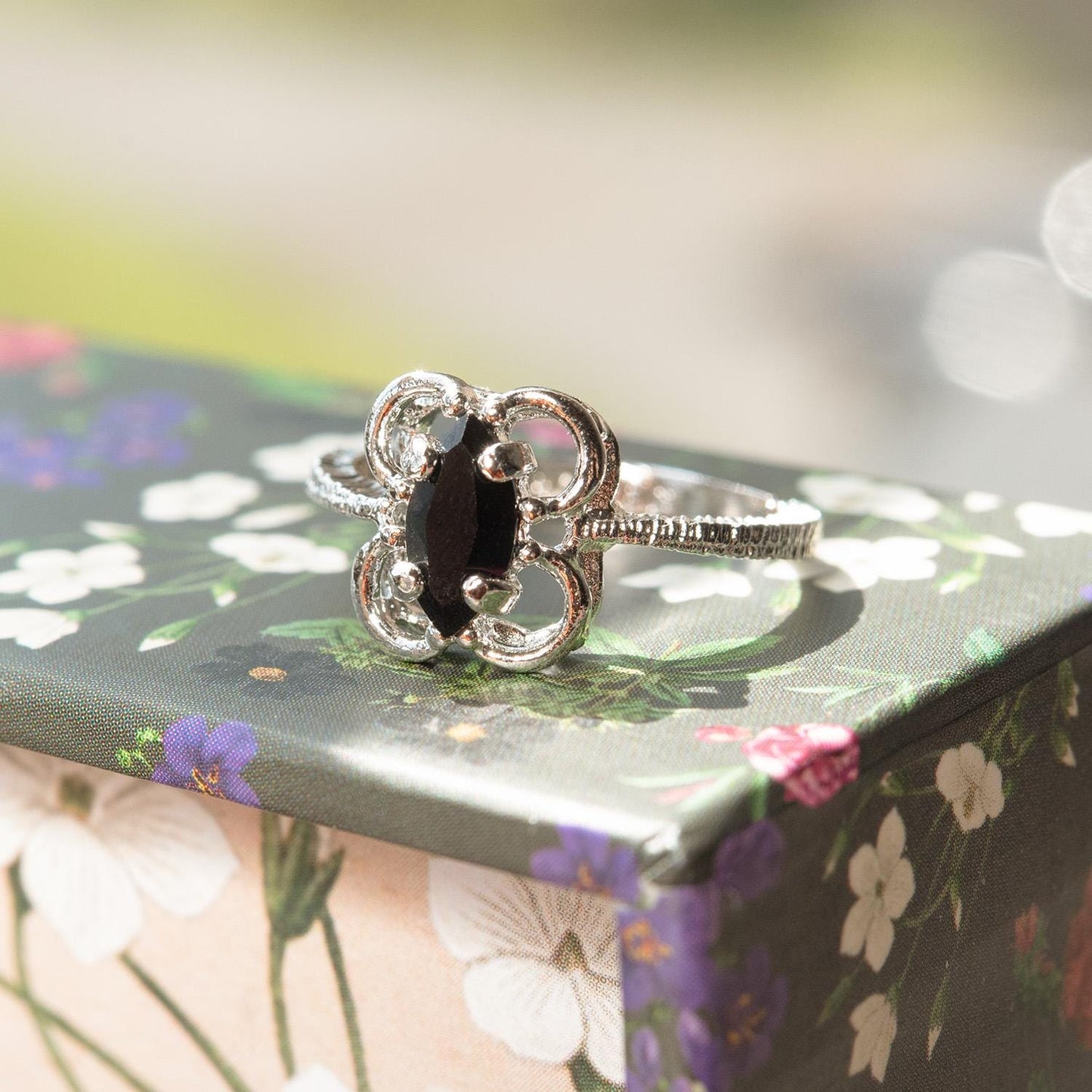 Vintage Marquise Cut Jet Black Austrian Crystal Cocktail Ring in 18k White Gold Electroplate jewelry image 1