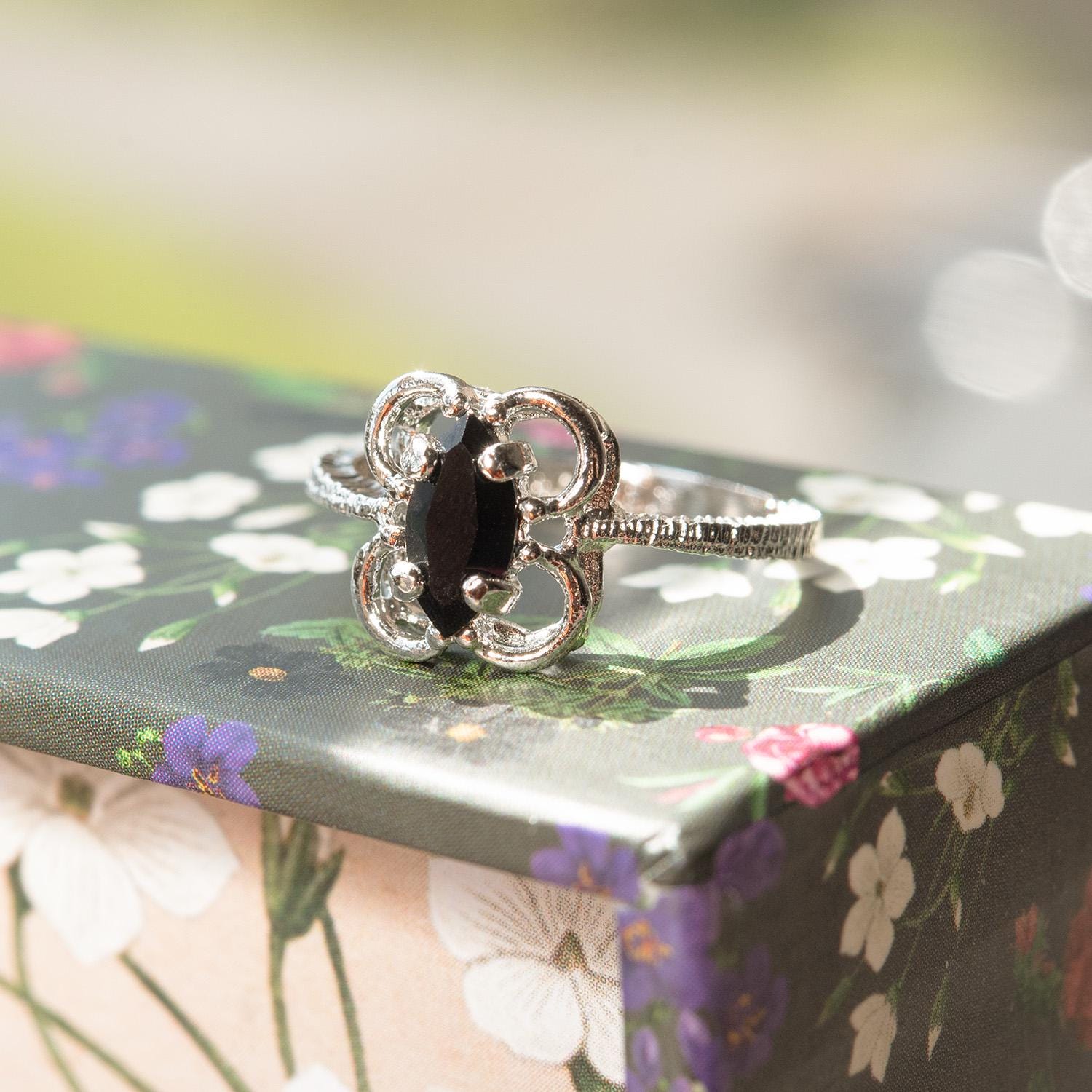 Vintage Marquise Cut Jet Black Austrian Crystal Cocktail Ring in 18k White Gold Electroplate jewelry image 1