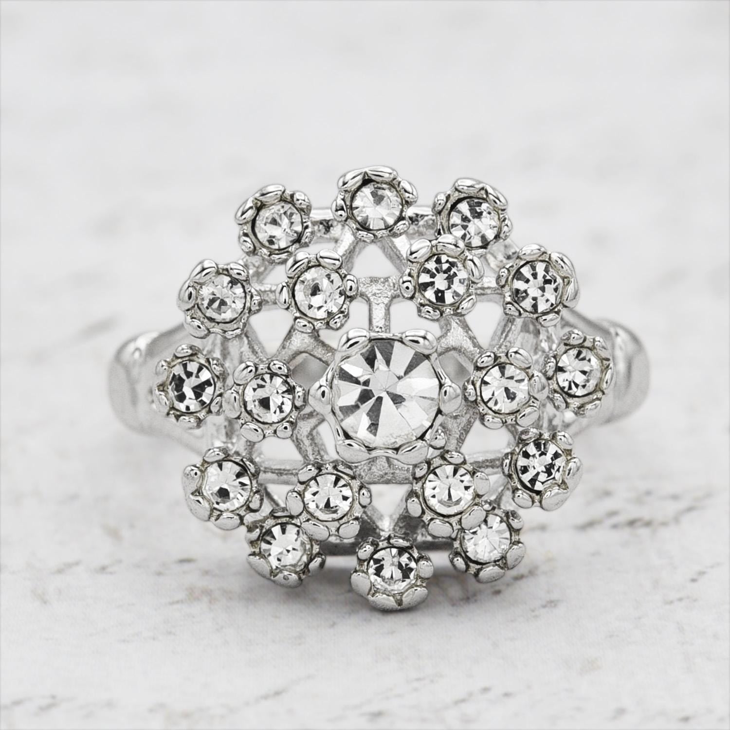Vintage Clear Austrian Crystal Burst Ring – 18k White Gold Electroplated, Made in USA jewelry image 1