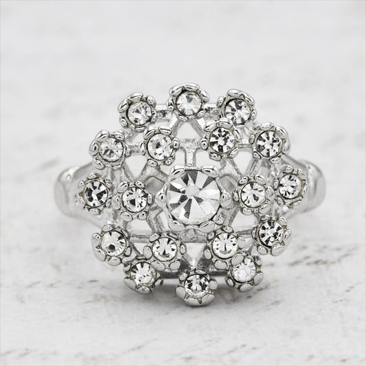 Vintage Clear Austrian Crystal Burst Ring – 18k White Gold Electroplated, Made in USA jewelry image 1