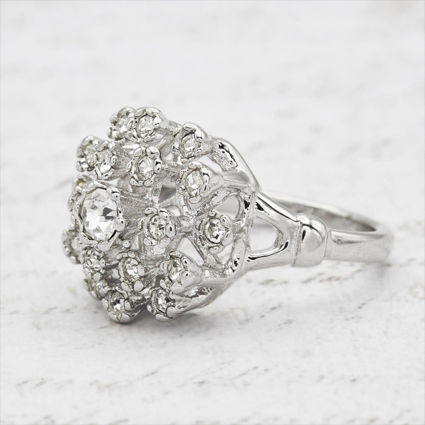 Vintage Clear Austrian Crystal Burst Ring – 18k White Gold Electroplated, Made in USA jewelry image 1