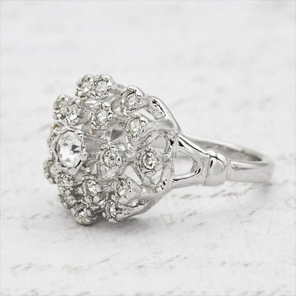Vintage Clear Austrian Crystal Burst Ring – 18k White Gold Electroplated, Made in USA jewelry image 1