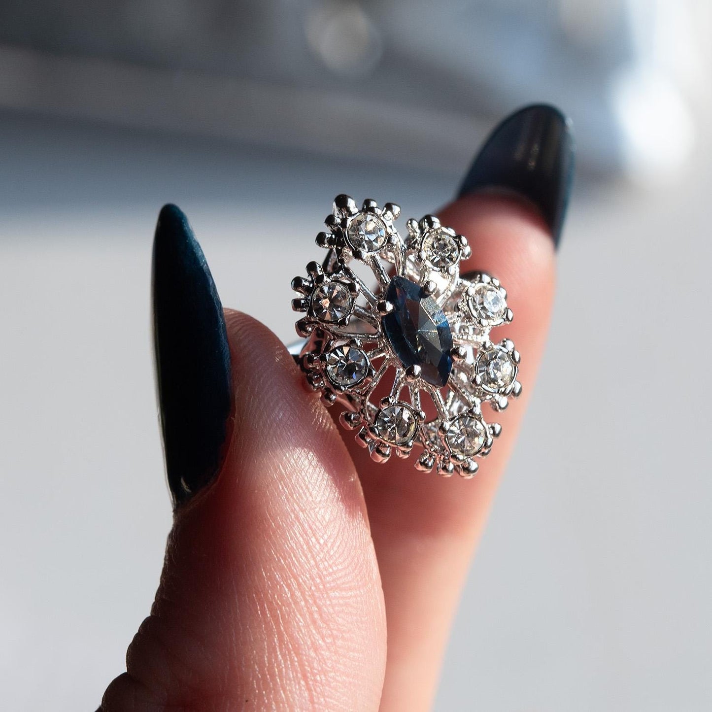 Vintage Style Marquise Cut Sapphire Blue Crystal Cocktail Ring with Clear Crystals - 18k White Gold Electroplated jewelry image 1