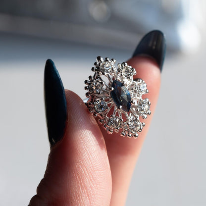 Vintage Style Marquise Cut Sapphire Blue Crystal Cocktail Ring with Clear Crystals - 18k White Gold Electroplated jewelry image 1