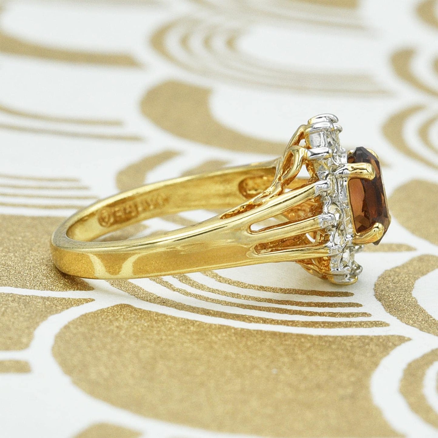 Vintage Smoky Topaz CZ and Clear Austrian Crystal Halo Ring – 18kt Yellow Gold Electroplated jewelry image 1