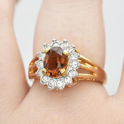 Vintage Smoky Topaz CZ and Clear Austrian Crystal Halo Ring – 18kt Yellow Gold Electroplated jewelry image 1