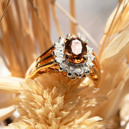 Vintage Smoky Topaz CZ and Clear Austrian Crystal Halo Ring – 18kt Yellow Gold Electroplated jewelry image 1
