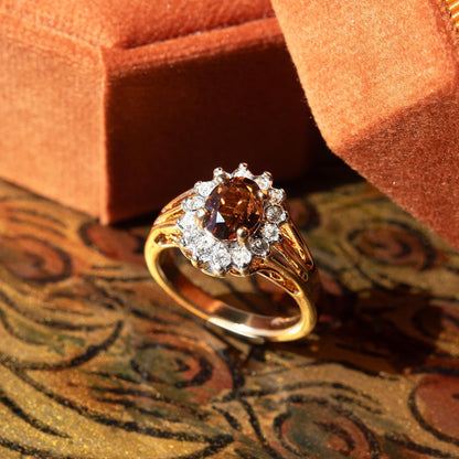 Vintage Smoky Topaz CZ and Clear Austrian Crystal Halo Ring – 18kt Yellow Gold Electroplated jewelry image 1