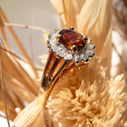 Vintage Smoky Topaz CZ and Clear Austrian Crystal Halo Ring – 18kt Yellow Gold Electroplated jewelry image 1
