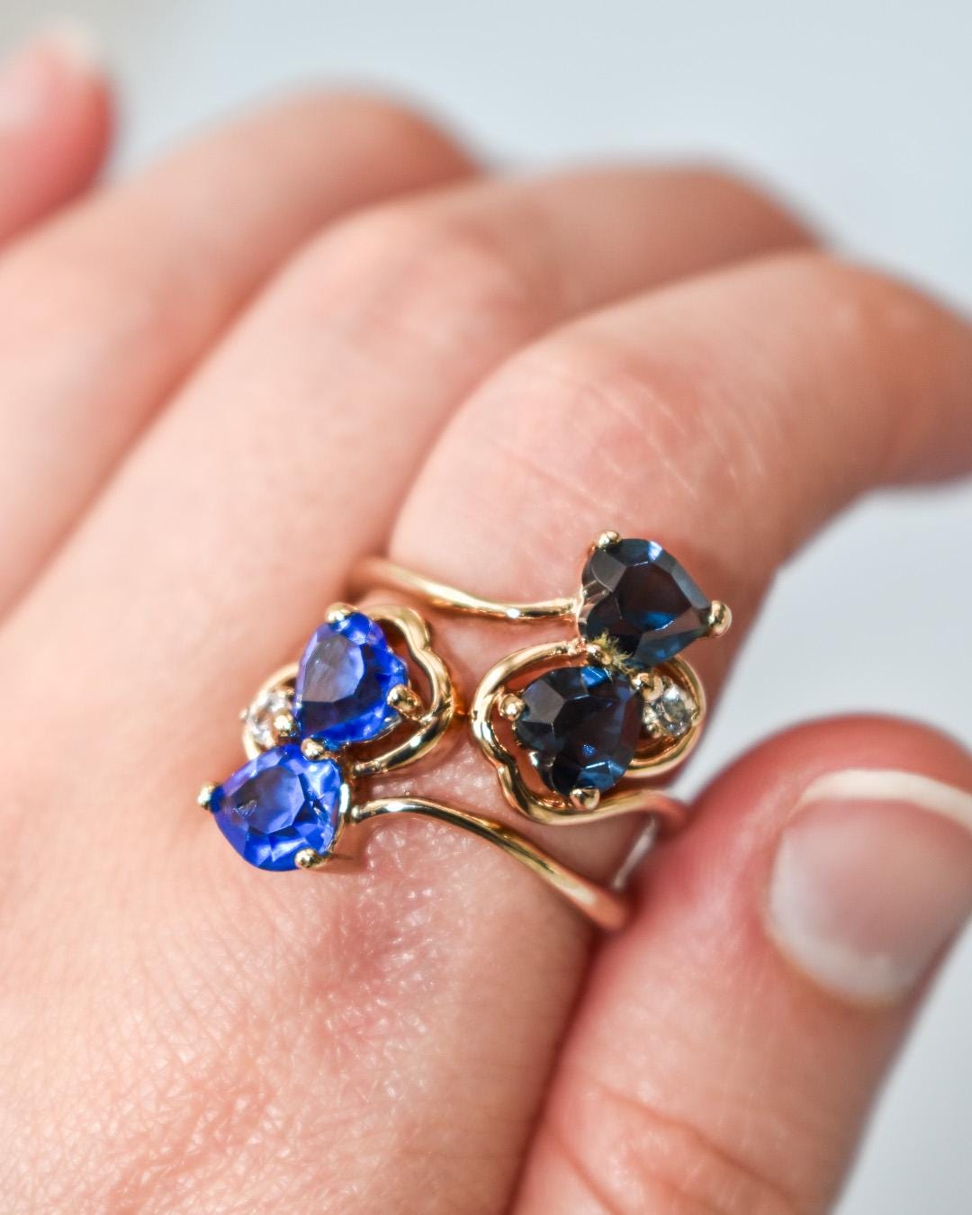 Vintage Double Heart Sapphire Blue Austrian Crystal Ring - 18k Gold Electroplated jewelry image 1
