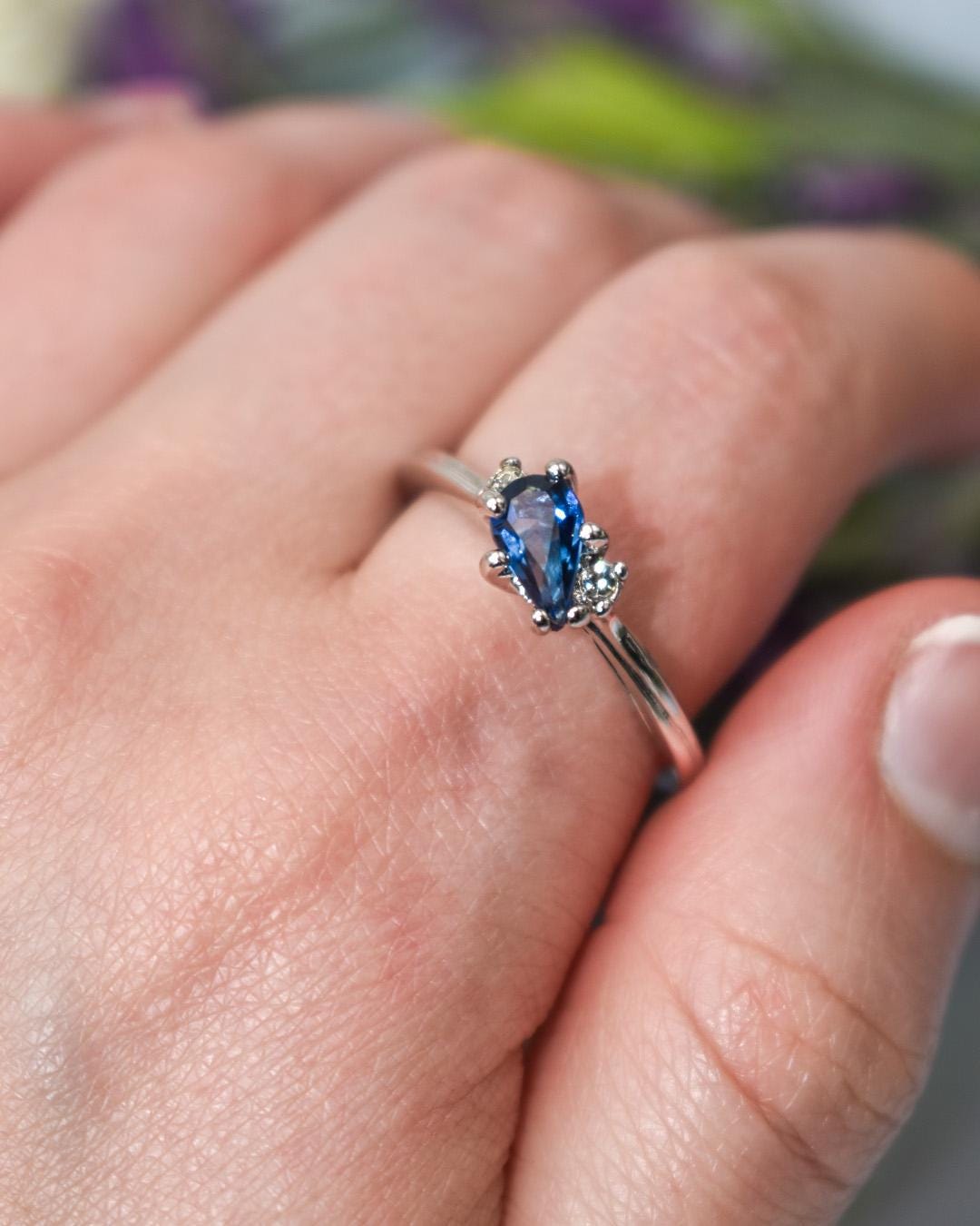 Vintage 18k White Gold Electroplated Sapphire Austrian Crystal Ring - Made in USA jewelry image 1