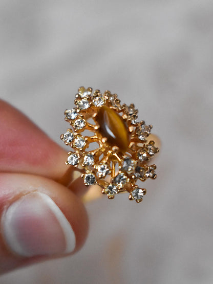 Vintage Genuine Tiger Eye Ring with Clear Austrian Crystals – 18kt Yellow Gold Electroplated jewelry image 1