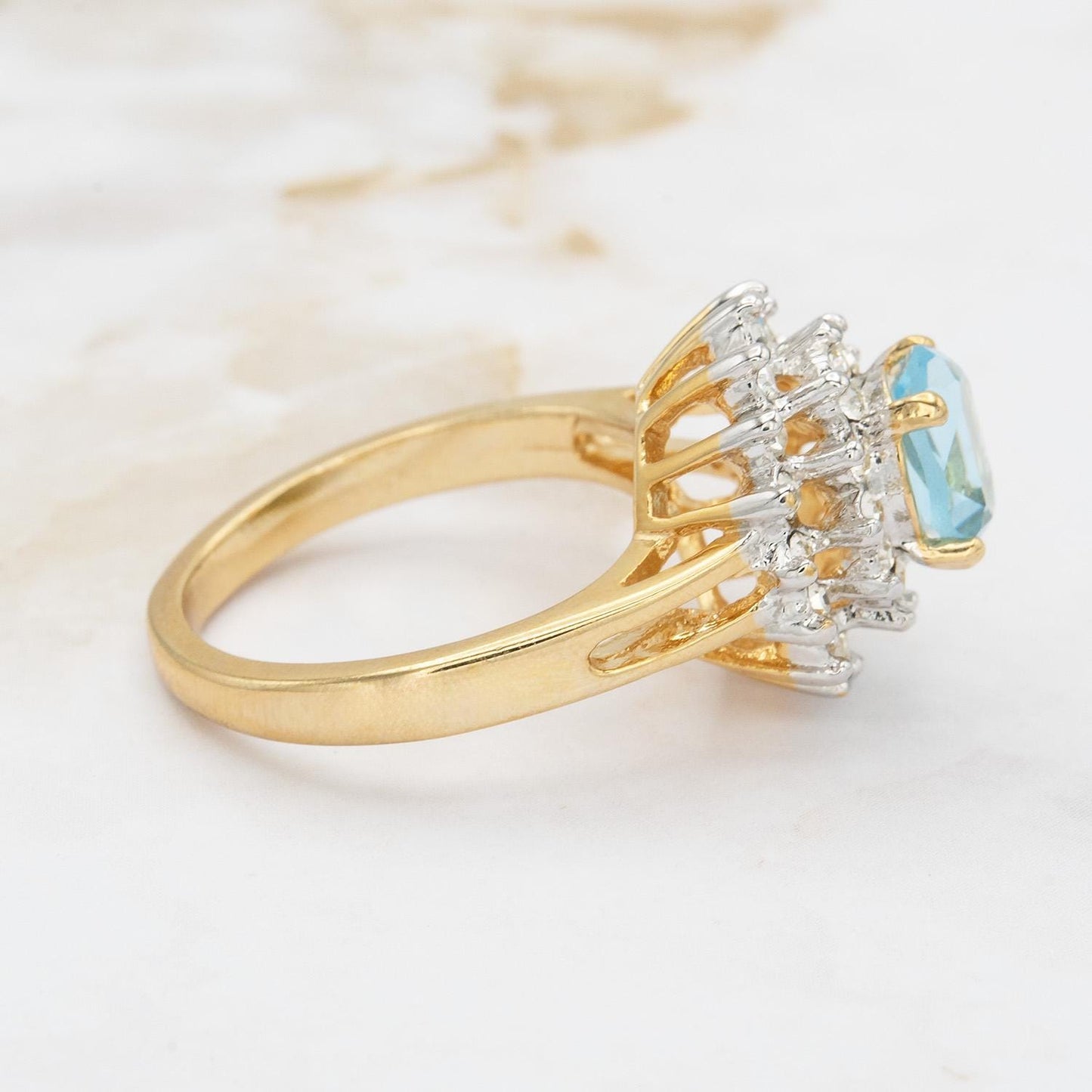 Vintage Aquamarine and Clear Austrian Crystal Halo Ring in 18kt Yellow Gold Electroplate jewelry image 1