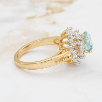 Vintage Aquamarine and Clear Austrian Crystal Halo Ring in 18kt Yellow Gold Electroplate jewelry image 1