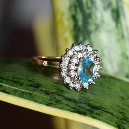 Vintage Aquamarine and Clear Austrian Crystal Halo Ring in 18kt Yellow Gold Electroplate jewelry image 1