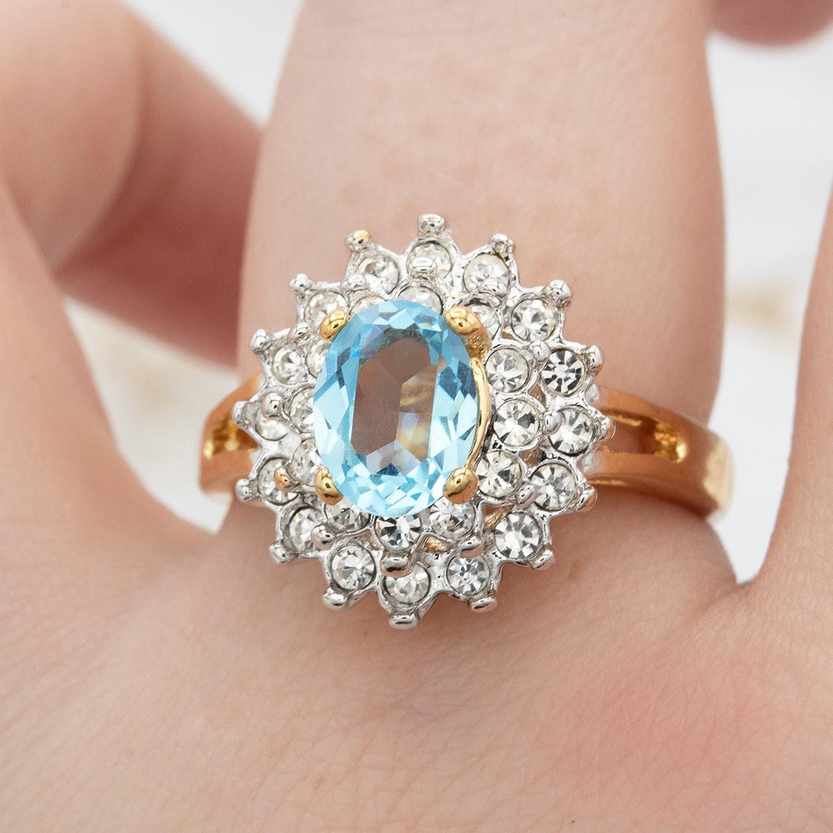 Vintage Aquamarine and Clear Austrian Crystal Halo Ring in 18kt Yellow Gold Electroplate jewelry image 1