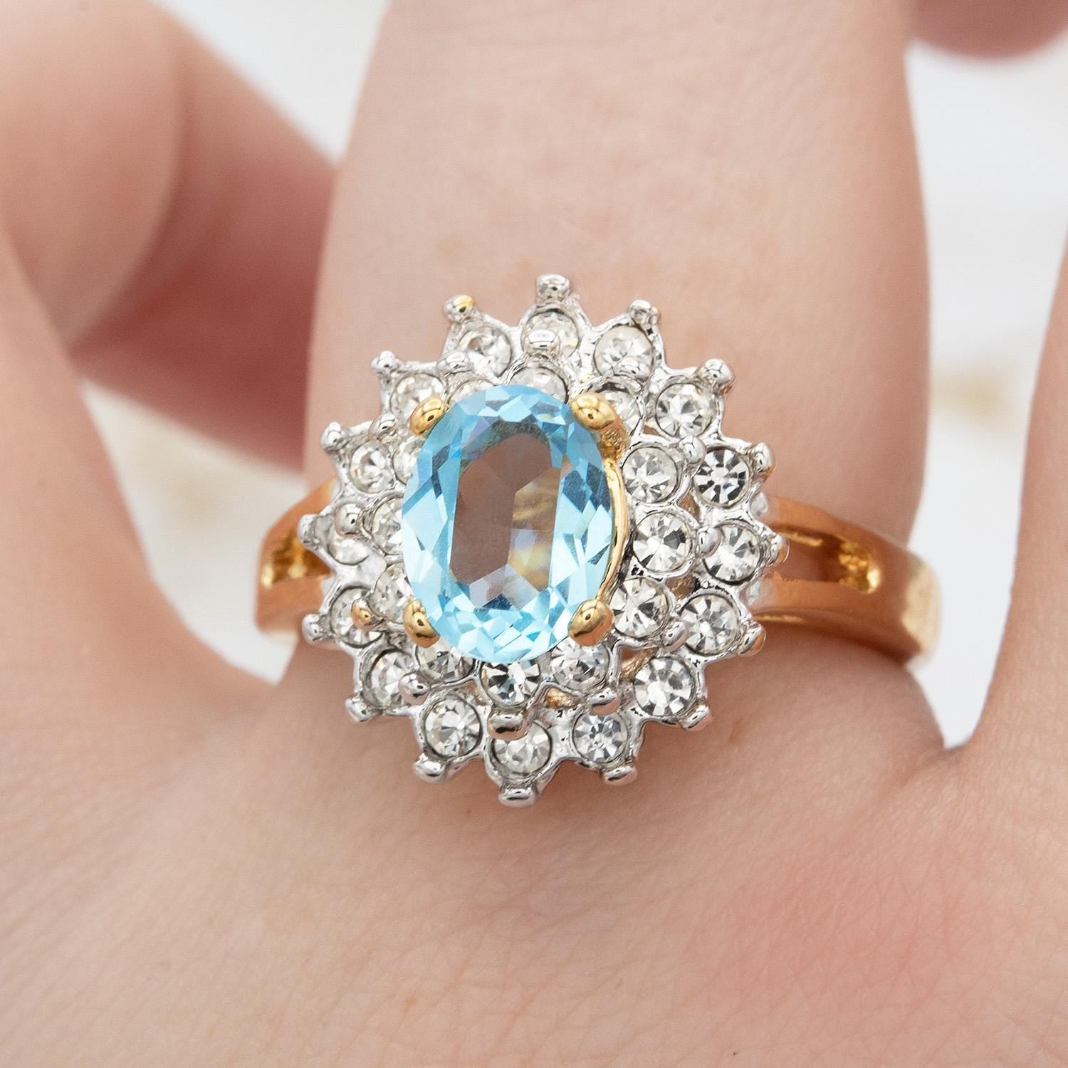 Vintage Aquamarine and Clear Austrian Crystal Halo Ring in 18kt Yellow Gold Electroplate jewelry image 1