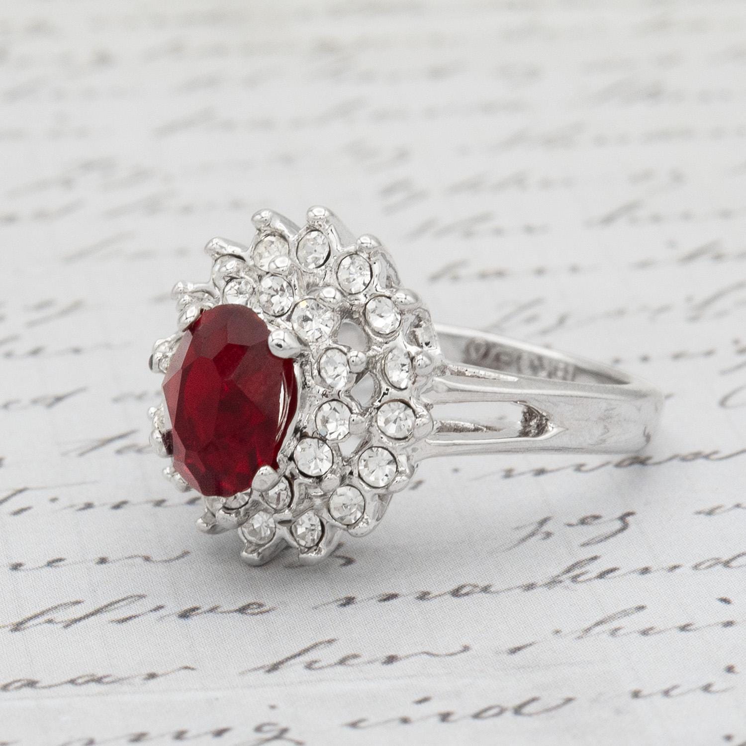 Vintage Ruby and Clear Austrian Crystal Cocktail Ring - 18kt White Gold Electroplated jewelry image 1