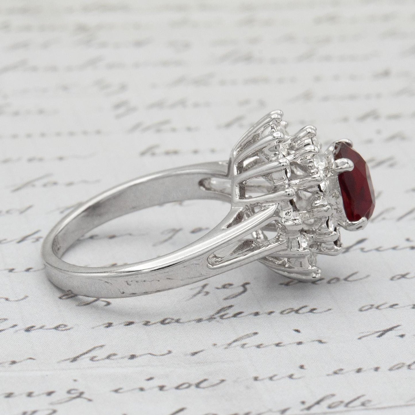 Vintage Ruby and Clear Austrian Crystal Cocktail Ring - 18kt White Gold Electroplated jewelry image 1