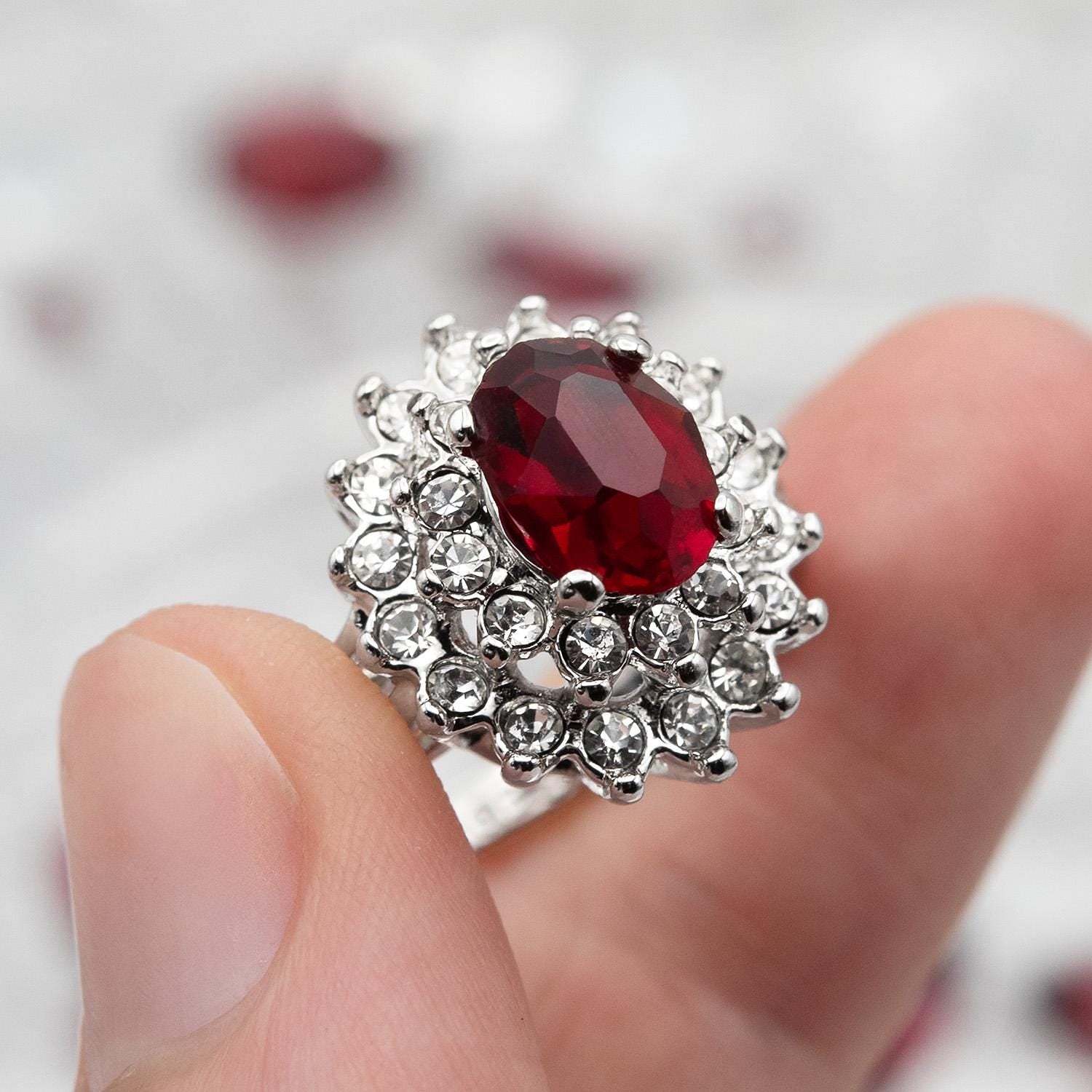 Vintage Ruby and Clear Austrian Crystal Cocktail Ring - 18kt White Gold Electroplated jewelry image 1